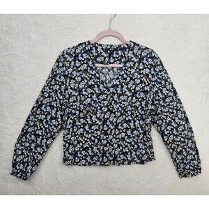 Uniqlo Women Top Large Black Floral 100% Rayon Long Sleeve V Neck Blouse